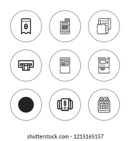 Transaction icon set. collection of 9 outline transaction icons with atm, cashier icons. editable icons.