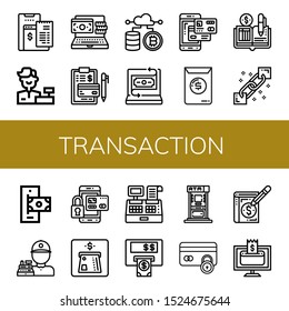 transaction icon set. Collection of Online payment, Cashier, Invoice, Cryptocurrency, Fintech, Smartphone payment, Ledger, Blockchain, Secure payment, Atm icons