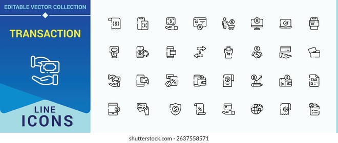 Transaction icon set. Includes symbols for exchange, money, financial, credit, wallet and more. Payment icon set. Outline symbol collection. Editable vector art.