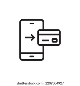 transaction icon, transfer icon, device to card transaction, card to device, credit card transfer symbol. Simple line design on white background.