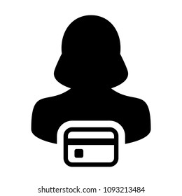 Transaction icon vector female user person profile avatar symbol for banking and finance concept in flat color glyph pictogram illustration