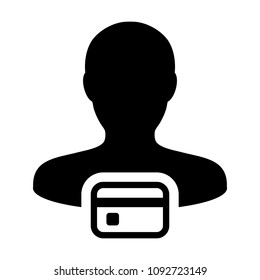 Transaction icon vector male user person profile avatar symbol with credit card for banking and finance concept in flat color glyph pictogram illustration