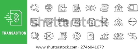 Transaction line icon set featuring digital payment, banking transfer, audit documents and editable stroke outline finance symbols.
