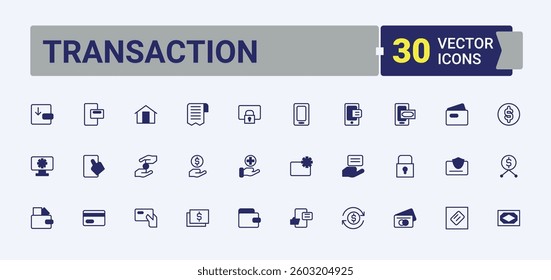 Transaction linear icon collection. Includes thin line symbols transfer, cash, money, bank, business and more. Payment related icon set. Outline icons in linear style. Vector line and solid icons.