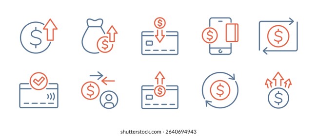 Transaction money icon set.  Send, arrive and transfer money. Vector.
