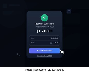 Una notificación de transacción aparece en una pantalla digital después de un pago exitoso. Muestra la cantidad de $ 1,249.00 e incluye un ID de transacción y fecha.