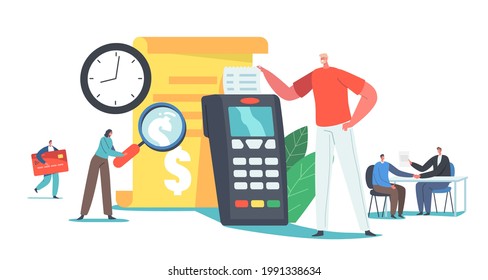 Concepto de historial de pagos de transacciones. Pequeños personajes leen factura en una enorme máquina de lectura de tarjetas de crédito o terminal Pos. Pago sin contacto, Tecnologías de pago sin efectivo. Ilustración de vectores de personas de caricatura
