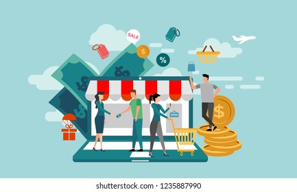 transaction people character concept vector illustration. business handshake, via phone and laptop. vector illustration in a flat style investor bring money in ideas online.