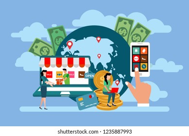 transaction people character concept vector illustration. business handshake, via phone and laptop. vector illustration in a flat style investor bring money in ideas online.
