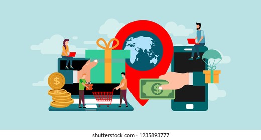 transaction people character concept vector illustration. business handshake, via phone and laptop. vector illustration in a flat style investor bring money in ideas online.