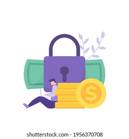 transaction protection concept, financial security, account password. illustration of a person sitting and using a laptop, padlock, money, coins. flat style. business vector illustration design