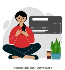 Transaction rejection concept. Close up of a large credit card. A woman sits cross-legged, holding a mobile phone in his hand. Vector flat illustration