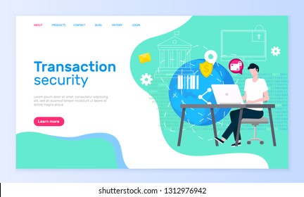 Transaction security online support service web page vector. Global network and Internet shopping safety and payment, operator at laptop answering messages. Website template landing page in flat