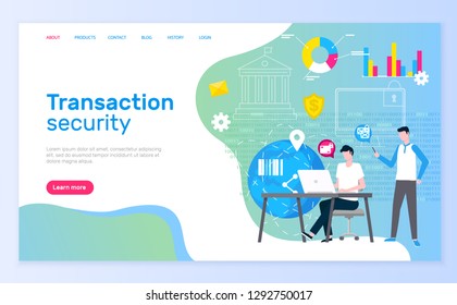 Transaction security team males working in bank vector. Man conducting payments with innovative technologies, people working online website text. Webpage template landing page in flat