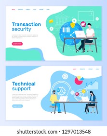 Transaction security and technical support web pages vector. Man at laptop and global network, online operators and graphics or charts, information aid. Website template landing page in flat