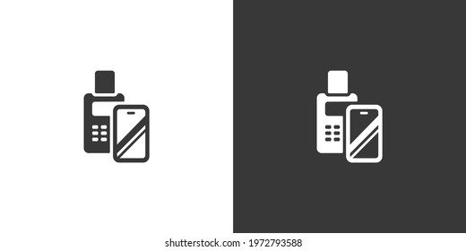 Transaction with smartphone. Swiping terminal payment. Pay with mobile. Isolated icon on black and white background. Commerce glyph vector illustration