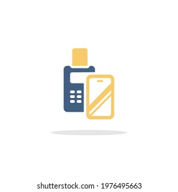 Transaction with smartphone. Swiping terminal payment. Pay with mobile. Icon with shadow. Commerce glyph vector illustration