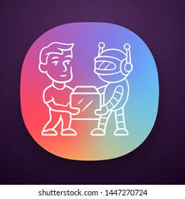 Transactional bot app icon. Artificial intelligence. Partner bot. Man and robot holding box. Robotic delivery service. UI/UX user interface. Web or mobile application. Vector isolated illustration