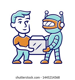 Transactional bot color icon. Artificial intelligence. Virtual assistance. Partner bot. Man and robot holding box. Modern robotic delivery service. Database updating. Isolated vector illustration