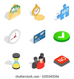 Transactions icons set. Isometric set of 9 transactions vector icons for web isolated on white background