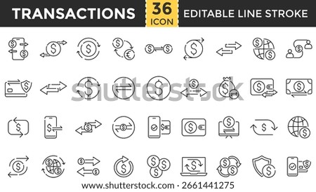 Transactions Line Icon Set. Pixel Perfect and Outline Editable Stroke Icons collection for Payment, Transfer, Exchange, Deposit, Withdrawal, Finance, Banking, Account, Receipt, Bill, Money, and Cash