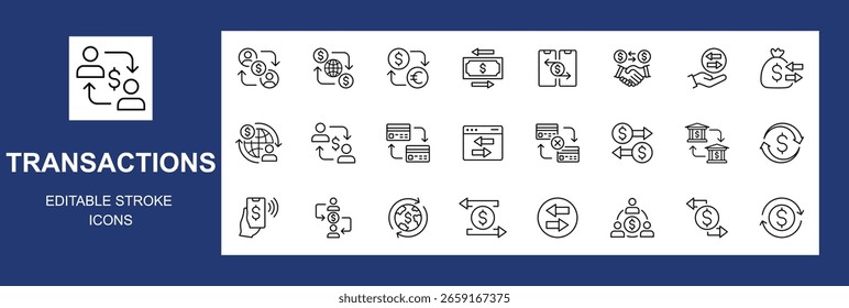 Transactions line icons set. Editable stroke. Vector illustration