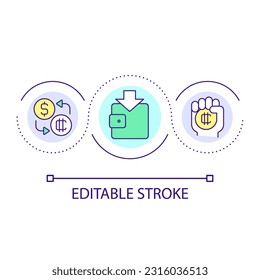 Transactions on crypto wallet loop concept icon. Investment in blockchain network. Exchange abstract idea thin line illustration. Isolated outline drawing. Editable stroke. Arial font used