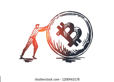 Transactions, payment, finance, digital, electronic concept. Hand drawn businessman and cryptocurrency coin concept sketch. Isolated vector illustration.