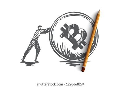 Transactions, payment, finance, digital, electronic concept. Hand drawn businessman and cryptocurrency coin concept sketch. Isolated vector illustration.