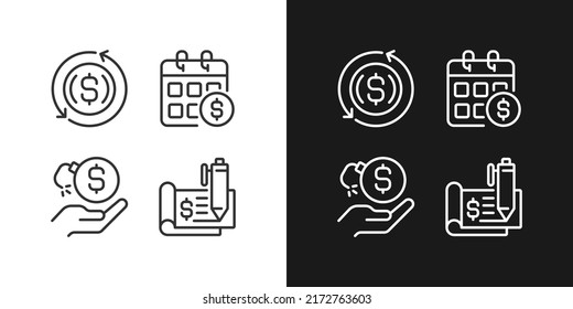 Transactions and payments pixel perfect linear icons set for dark, light mode. Monthly income. Financial risk. Thin line symbols for night, day theme. Isolated illustrations. Editable stroke