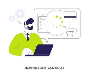 Transactions processing abstract concept vector illustration. Man working with customer order processing, machine learning app, software to automate business processes abstract metaphor.
