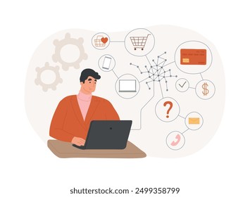 Transactions processing isolated cartoon vector illustrations. Man working with customer order processing, machine learning app, software to automate business processes vector cartoon.