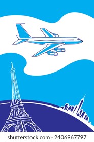 Transatlantic flight from Paris to New York on an airliner. Poster template.