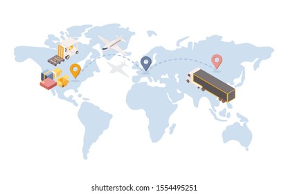 Transatlantic goods shipping isometric illustration. International logistic company with transportation terminal unit in Europe. Global trade route, cargo and air shipment service concept