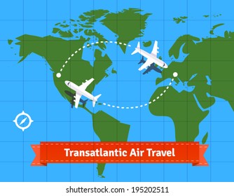 Transatlantic jet plane travel concept. EPS 10 vector.