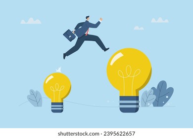 Transcending from ordinary thinking to greater thinking, Creating opportunities for business and career success, Businessman jumps from small light bulb to bigger light bulb. Vector illustration.