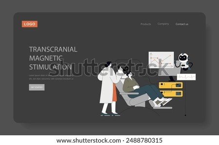 Transcranial Magnetic Stimulation therapy session. Medical professional operates equipment on patient for brain treatment. Mental health care. Vector illustration.