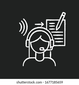 Transcription chalk white icon on black background. Listening and translation, foreign language representation, audio records conversion into text. Isolated vector chalkboard illustration