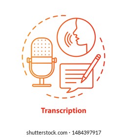 Transcription red concept icon. Audio files conversion into text format idea thin line illustration. Representation of language in written form. Vector isolated outline drawing. Editable stroke