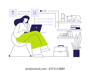 Transcription service abstract concept vector illustration. Woman with laptop provides transcription service, digital marketing, advertising agency, self-employed people abstract metaphor.