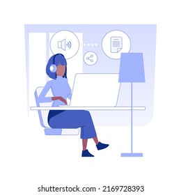 Transcription service isolated concept vector illustration. Woman with laptop provides transcription service, digital marketing, advertising agency, self-employed people vector concept.