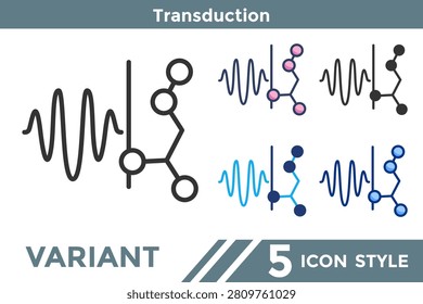 Transduction icon for representing stimulus conversion systems, neural signal transformation, and sensory encoding concepts. Line, Filled, Color, Dualtone style.
