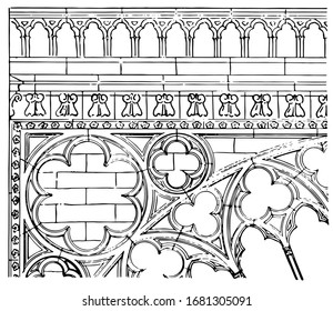Transept Carving,  transept of Notre Dame, vintage engraving.
