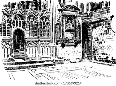 Transept of the Martyrdom at Canterbury Cathedral, vintage line drawing or engraving illustration.