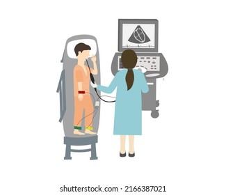 Transesophageal Echocardiogram (TEE). Doctor examines patient heart by inserting a probe with an ultrasound transducer into your mouth and down your esophagus to obtain the images.