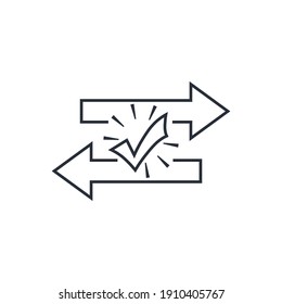 Transfer arrows and check mark. Vector linear icon isolated on white background.