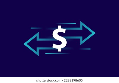 Transferencia de flechas con signo de dólar. Dos flechas con direcciones diferentes izquierda y derecha. Concepto de envío, recepción o intercambio de dinero digital, cambio de divisas, reembolso. Ilustración vectorial.