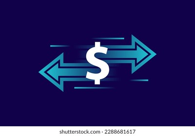Transfer arrows with dollar sign. Two arrows with different directions left and right. Concept of digital money send, receiving or exchanging, currency exchange, cashback. Vector illustration.
