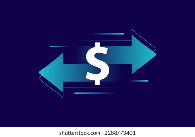 Transferencia de flechas con signo de dólar. Dos flechas con direcciones diferentes izquierda y derecha. Concepto de envío, recepción o intercambio de dinero digital, cambio de divisas, reembolso. Ilustración vectorial.