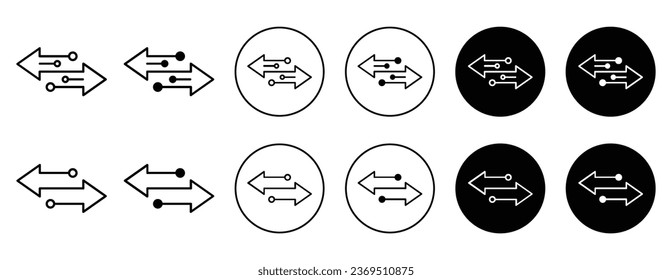 Icono de las flechas de transferencia. Conjunto de símbolos de dirección de transferencia de tecnología. Señal de transferencia de datos izquierda y derecha o de vector. Comparar la ruta opuesta o el logotipo de intercambio dividido.